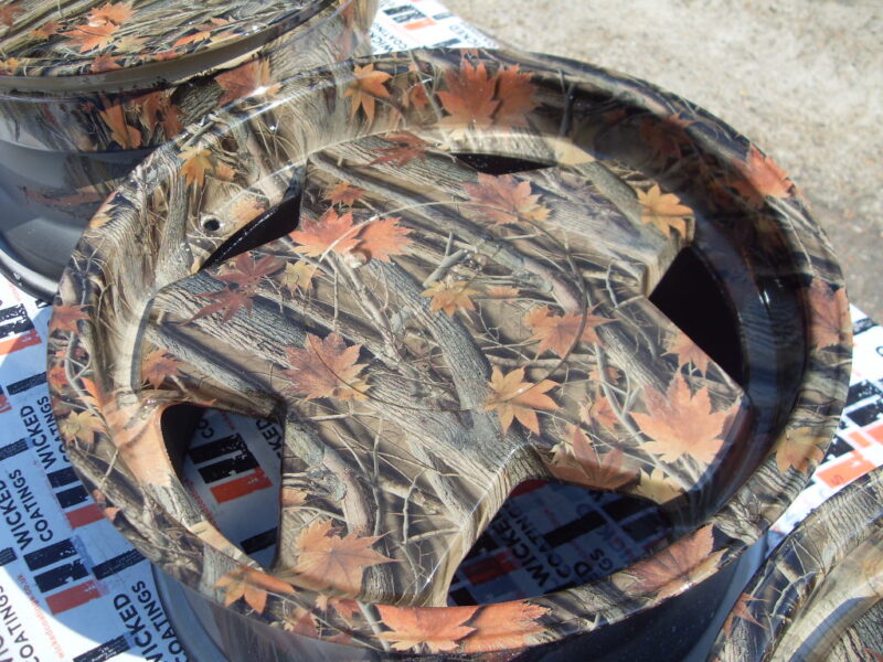Car alloy wheels (Borbet A) coated in trees camouflage hydrographic film