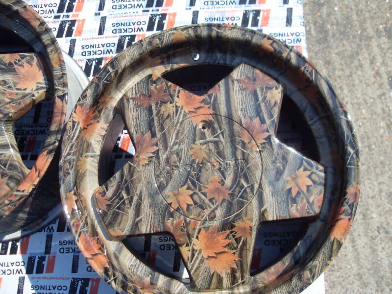 Car alloy wheels (Borbet A) coated in trees camouflage hydrographic film