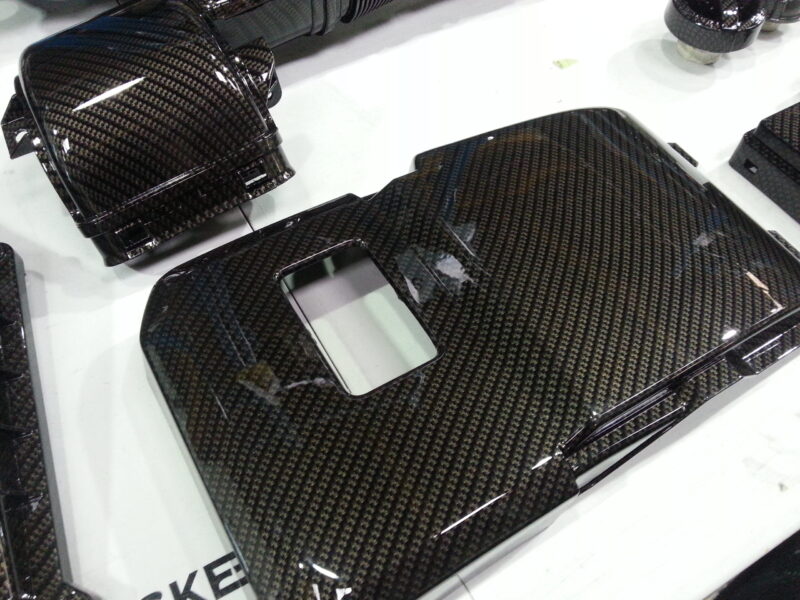 Car Engine Elements Coated In Carbon Fibre Hydrographic Film Painted Black