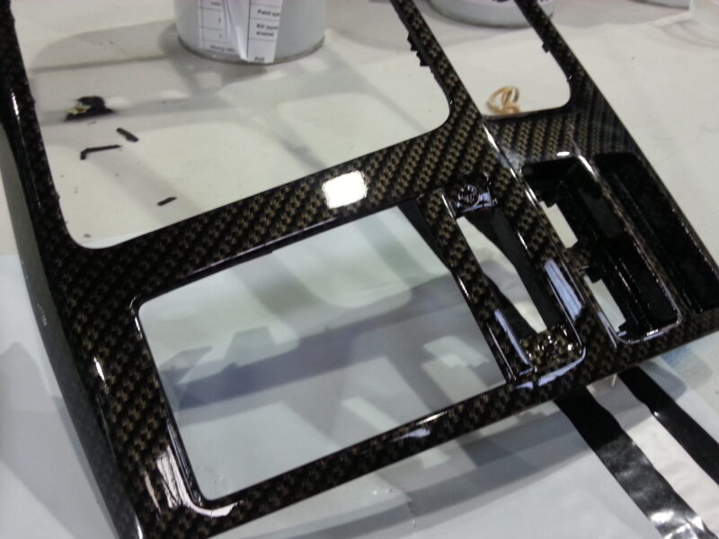 Car interior various elements coated in carbon fibre hydrographic film painted black