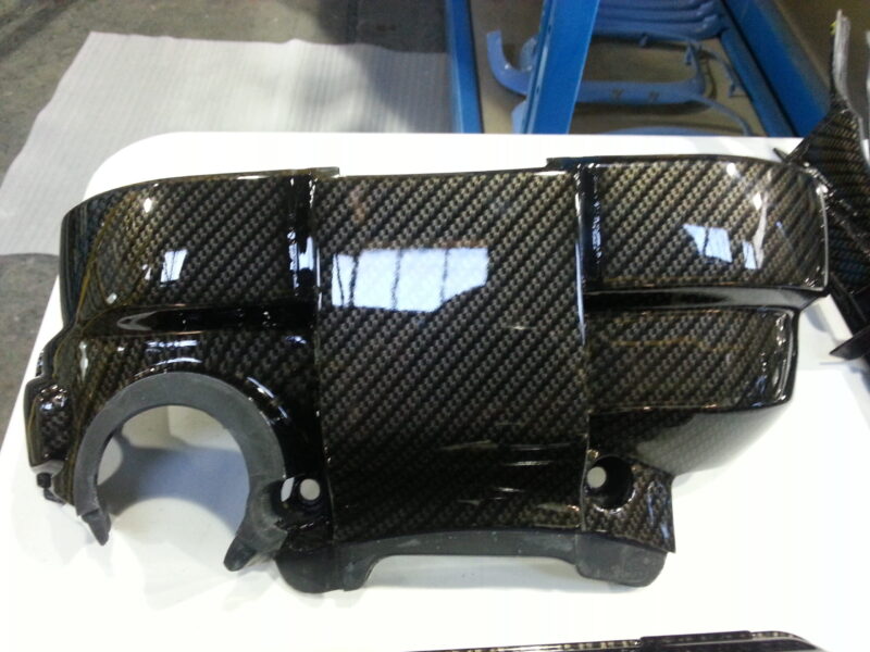 Ford Focus RS engine parts coated in carbon fibre hydrographic film painted black