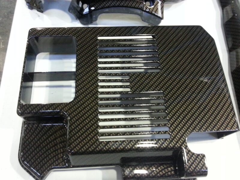 Ford Focus RS engine parts coated in carbon fibre hydrographic film painted black
