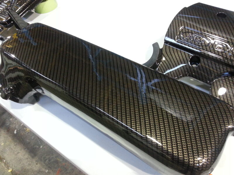 Ford Focus RS engine parts coated in carbon fibre hydrographic film painted black