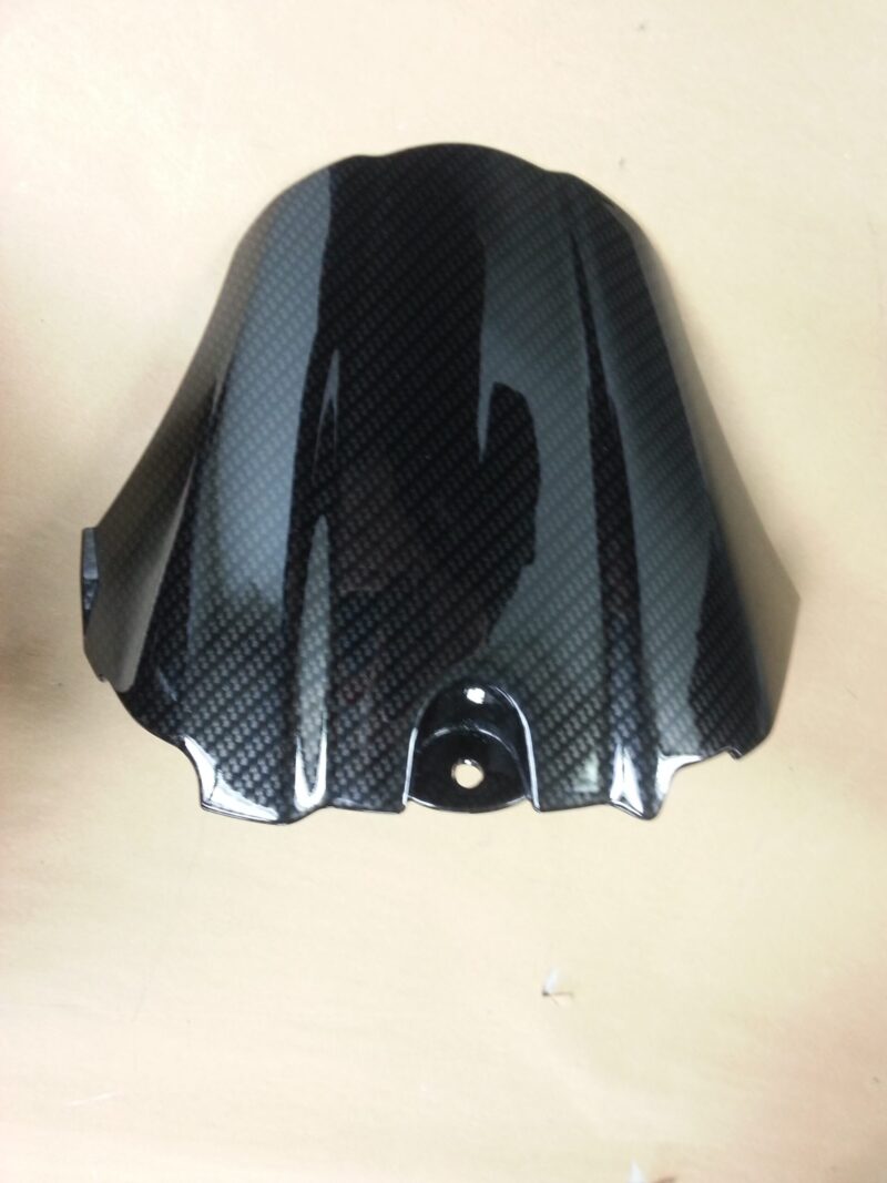 Motorbike parts coated in carbon fibre hydrographic film painted black