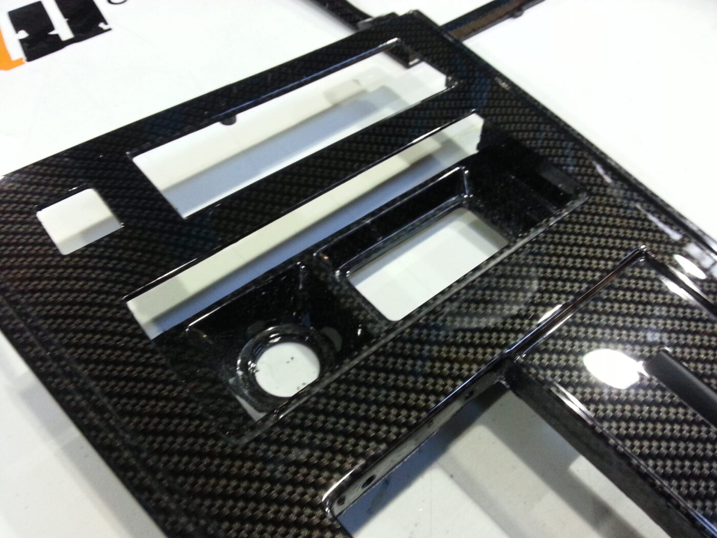 Car interior various elements coated in carbon fibre hydrographic film painted black
