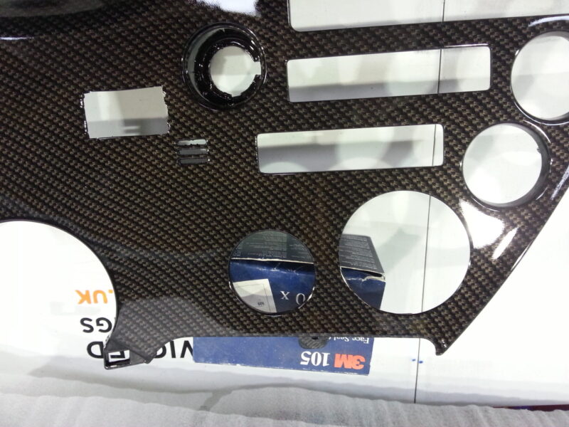 Toyota Supra interior various elements coated in carbon fibre hydrographic film painted black