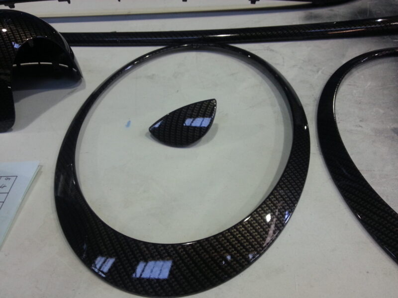 Mini Cooper various parts coated in carbon fibre hydrographic film painted black