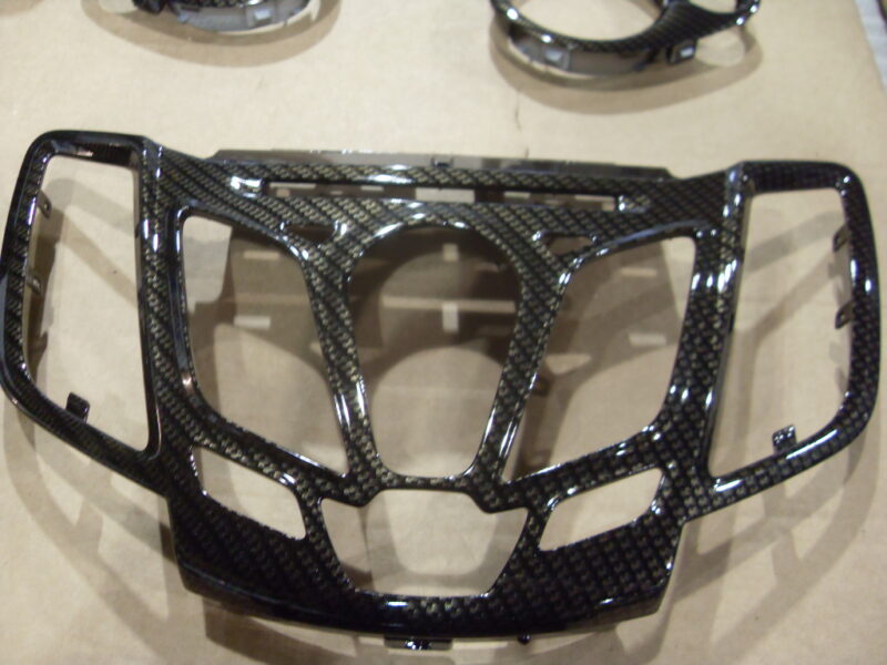 Car interior various elements coated in carbon fibre hydrographic film