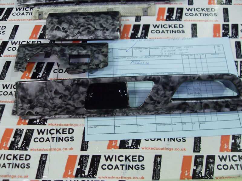 Car interior various elements coated in skull hydrographic film painted grey