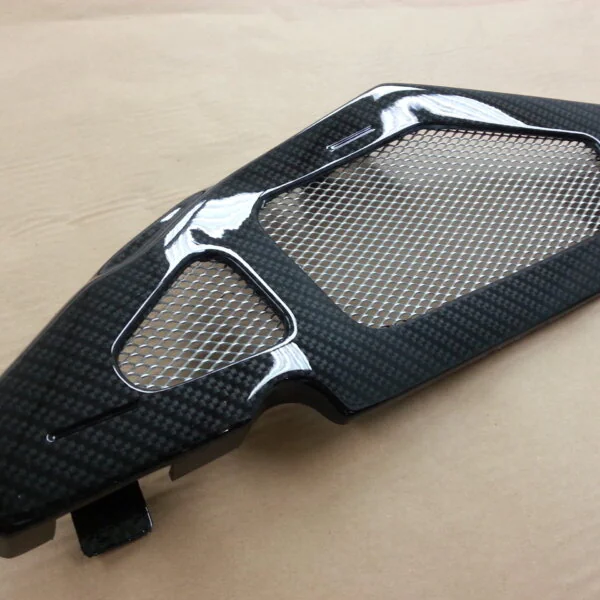 Motorbike elements coated in carbon fibre hydrographic film painted black