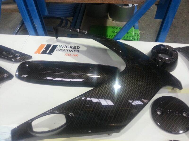 Yamaha motorbike parts coated in carbon fibre hydrographic film