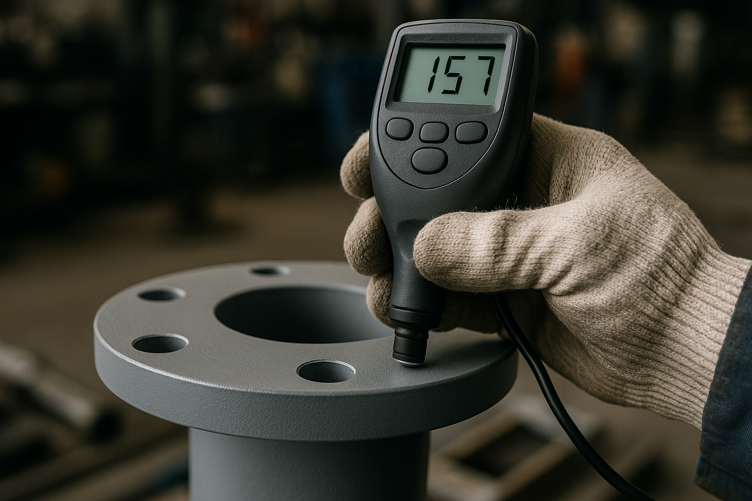 Coating inspector measuring paint thickness on steel