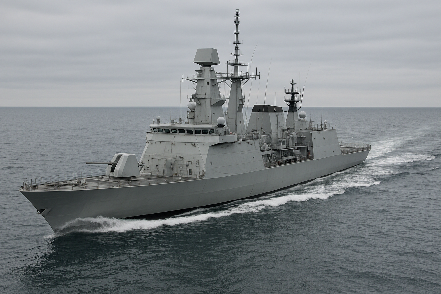 Royal Navy style grey warship at sea