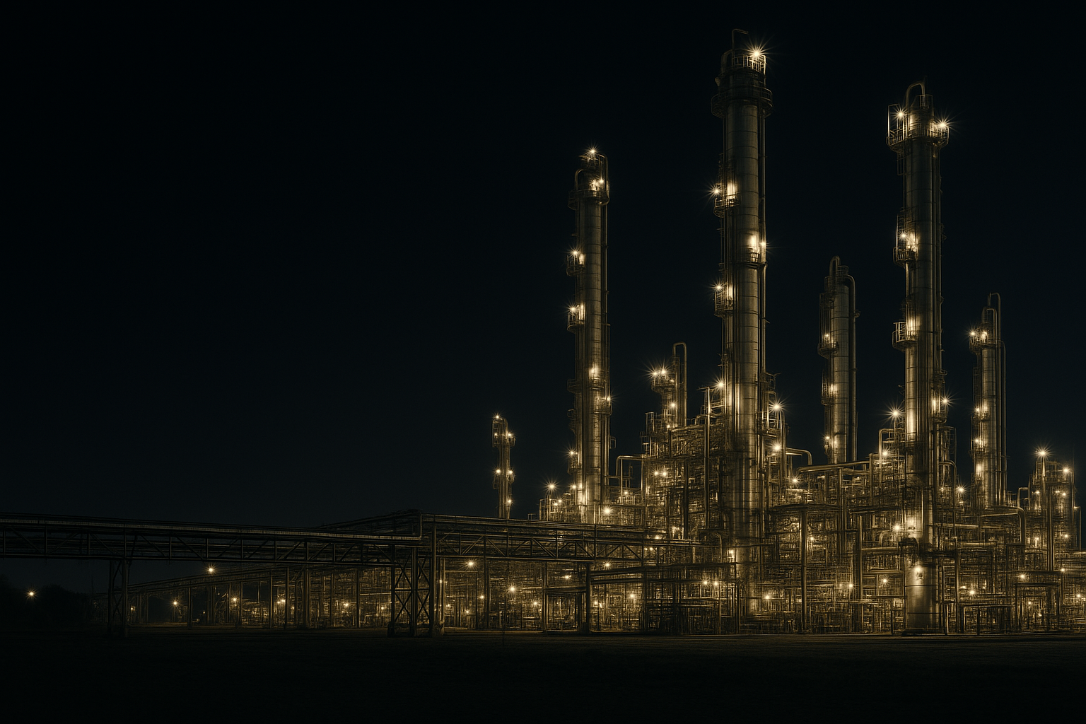 Petrochemical plant with distillation columns at night